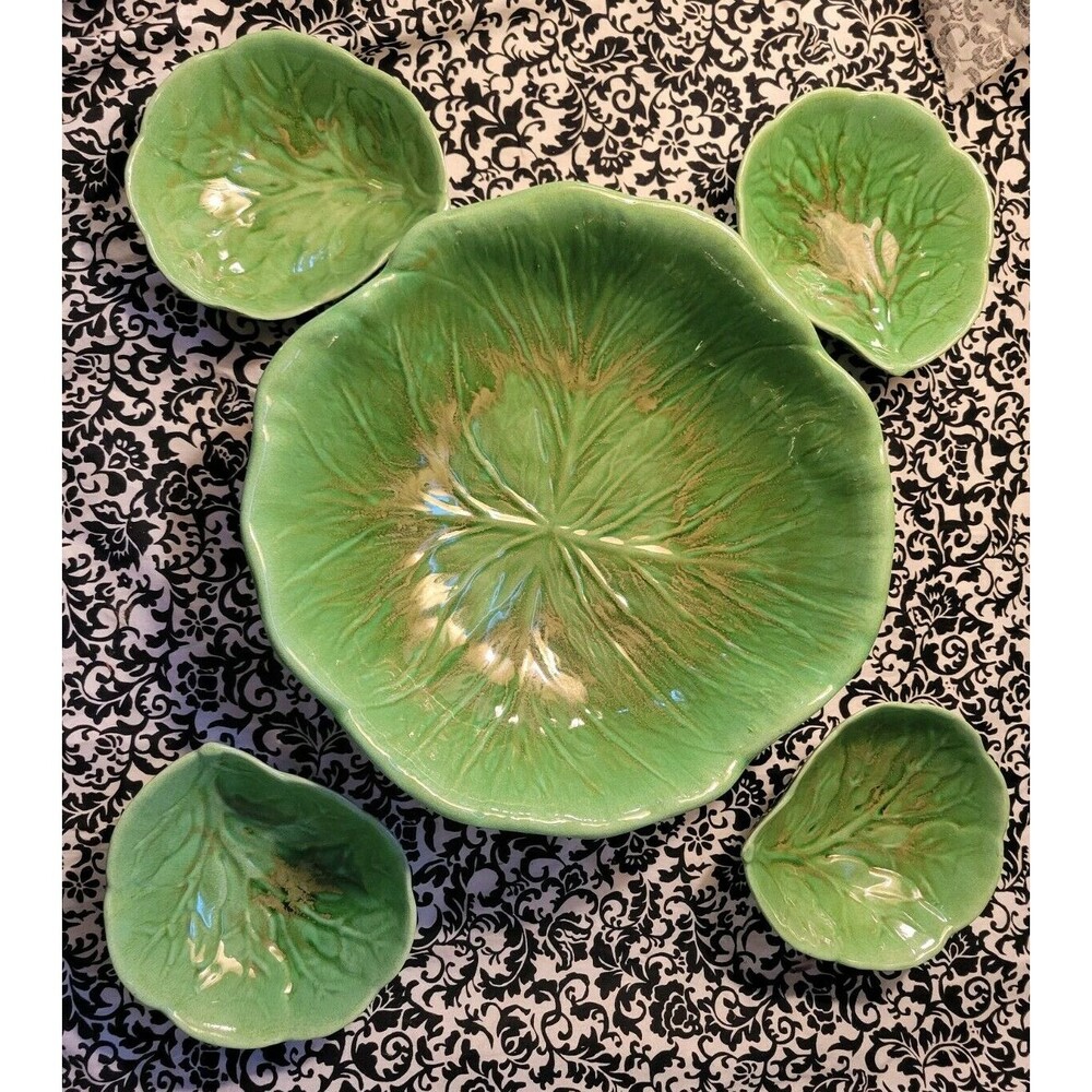 Art Pottery Cabbage Leaf Salad Bowl Set Artist Signed "HM Mottaz"